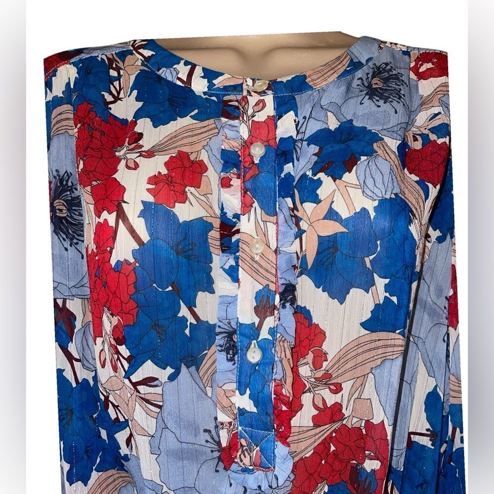 Liz Claiborne Boho Blue Floral Print Top Blouse Size L Glitter String Tie Front - Picture 5 of 7